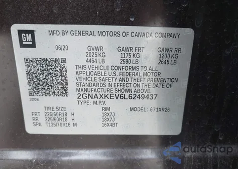 2020 Chevrolet Equinox Fwd Lt 1.5L Turbo из США, поврежденный, VIN 2GNAXKEV6L6249437